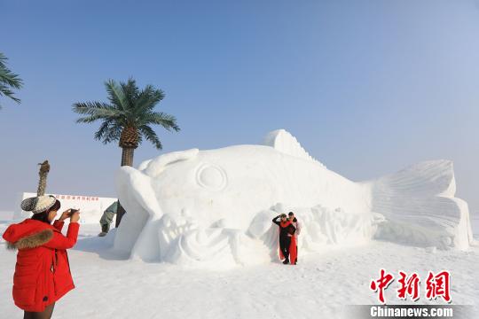 游客在巨型雪雕“鯉魚(yú)隧道”前拍照留念。　年磊 攝