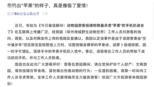 最貴投喂！游客誤將iPhone當蘋果投喂棕熊